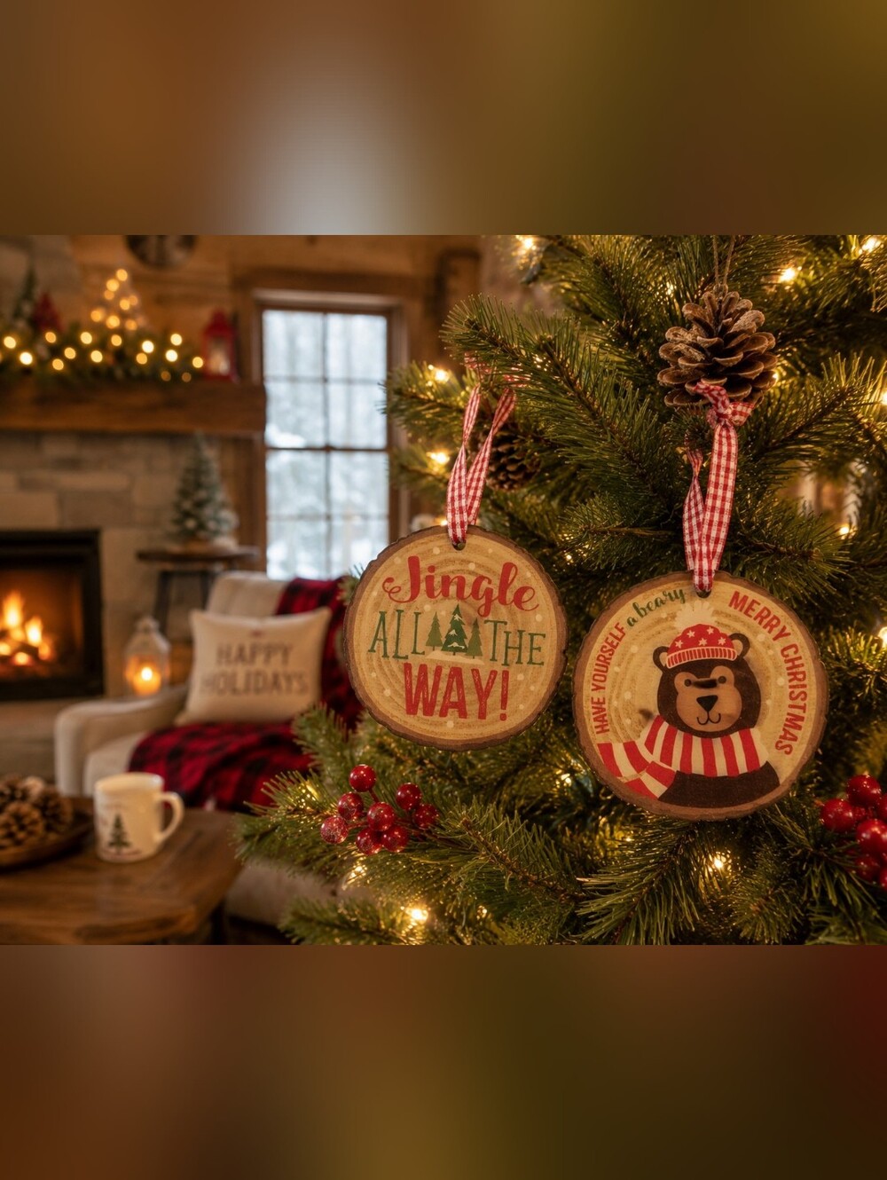 Set‎ of 2 Beary Merry Christmas Wood Slice Ornaments Rustic Holiday Decor